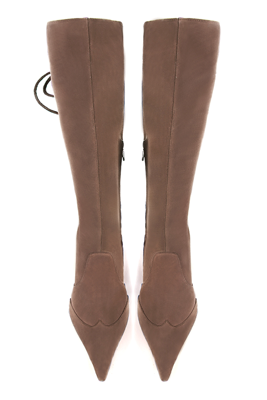 Chocolate brown women's knee-high boots, with laces at the back. Pointed toe. High block heels. Made to measure. Top view - Florence KOOIJMAN